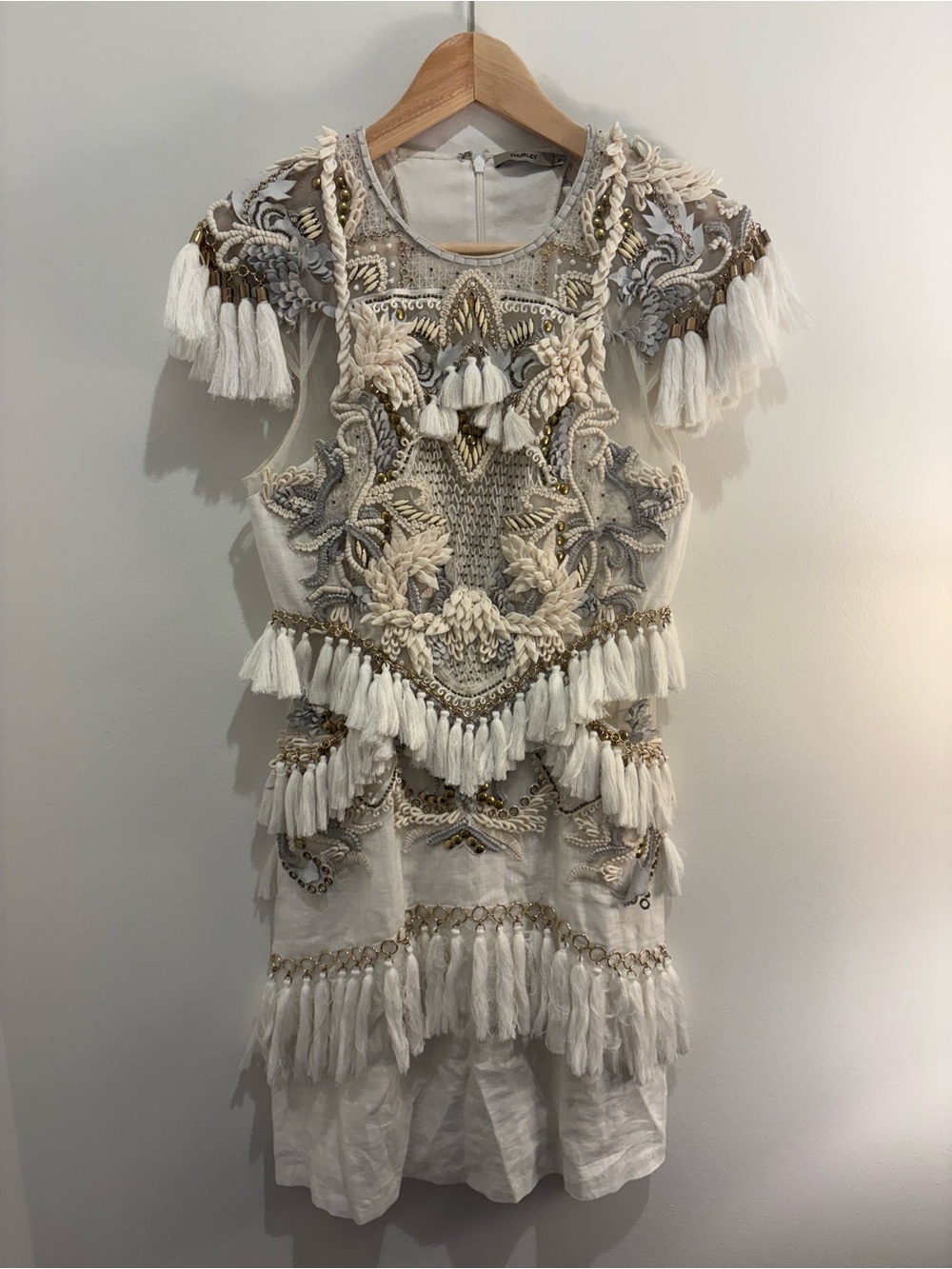 Thurley Beaded Tassel Embellished Mini Dress - White & Gold Accents